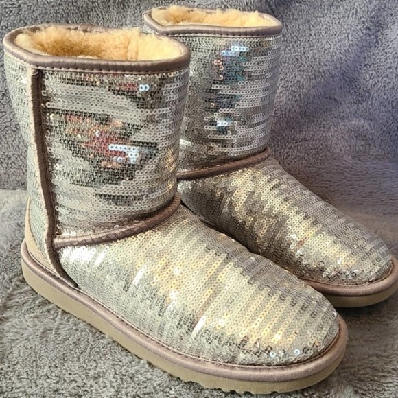 UGG Shoes - UGG Silver Sequin Short Boots Women's Size 6 | Sparkles and Shearling